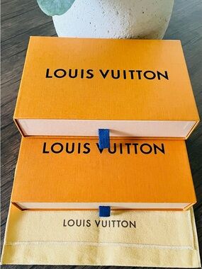 Louis Vuitton Orange Boxes with Blue Pull Tabs and Cream Dust Bag (Empty)